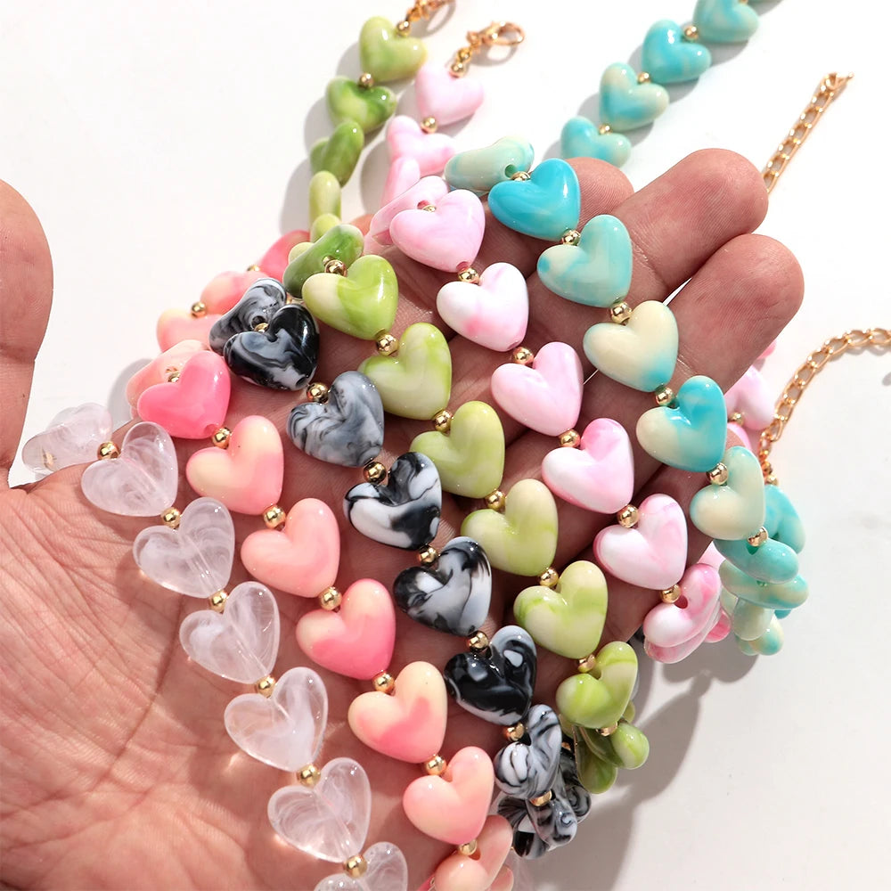 New Colorful Acrylic Geometric Heart Beaded Necklace Bracelet Set Fashion Love Heart Beads Choker Necklace Women Jewelry Gifts