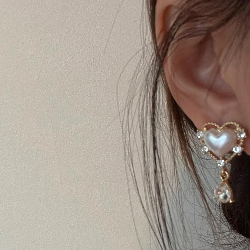 Huitan Sweet Heart Imitation Pearl Drop Earrings with Waterdrop Cubic Zirconia Gold Color Temperament Accessories for Women