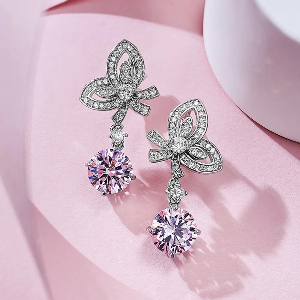 Charms 100% 925 Real Silver 8mm Pink Quartz Sapphire Bowknot Dangle Earrings for Women Lab Diamond Gemstone Wedding Fine Jewelry