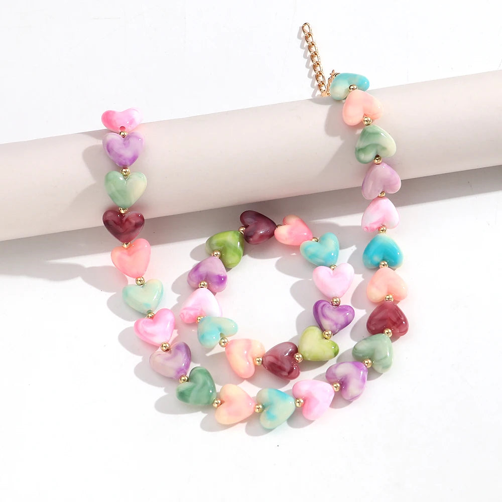 New Colorful Acrylic Geometric Heart Beaded Necklace Bracelet Set Fashion Love Heart Beads Choker Necklace Women Jewelry Gifts