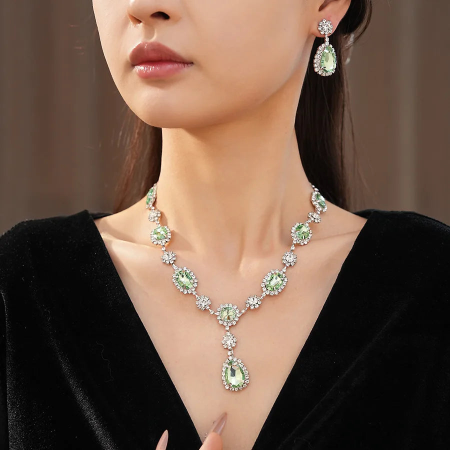 Shiny Cubic Zirconia Jewelry Set Women's Fashion Water Drop Teardrop Rhinestone Choker Necklace Dangle Earrings for Party K