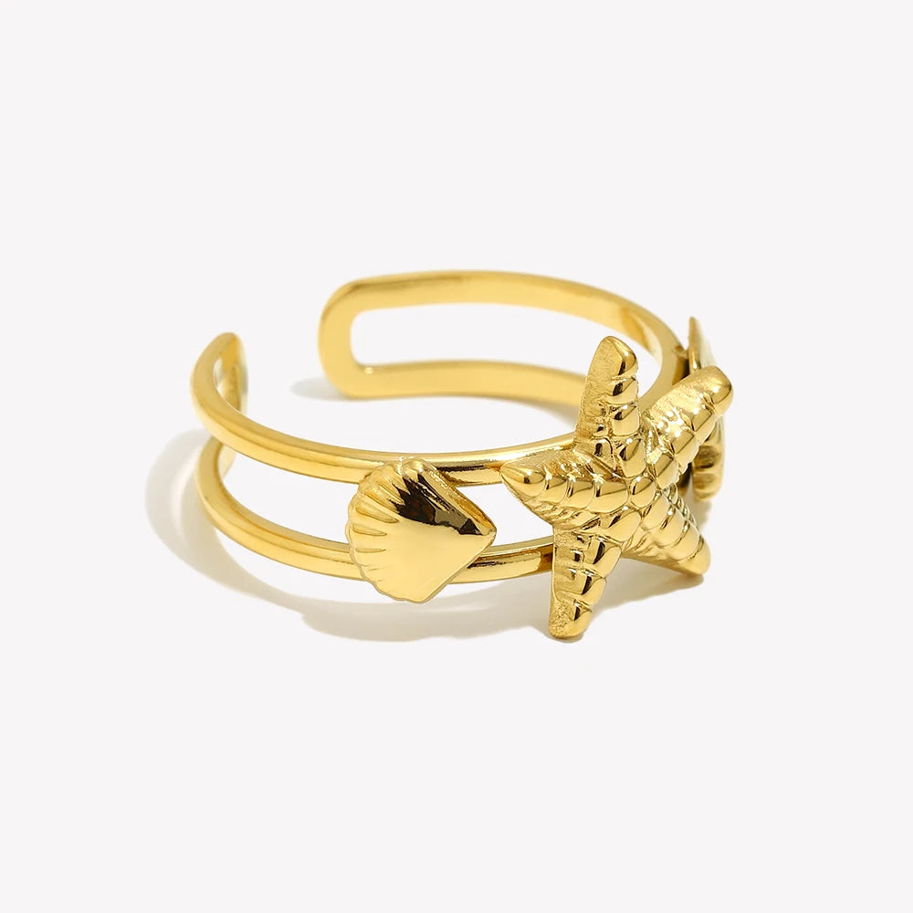 E.B.belle Ocean Style Double Layer Starfish Shell Opening Ring For Women Stainless Steel Gold Plated Vacation Chic Jewelry