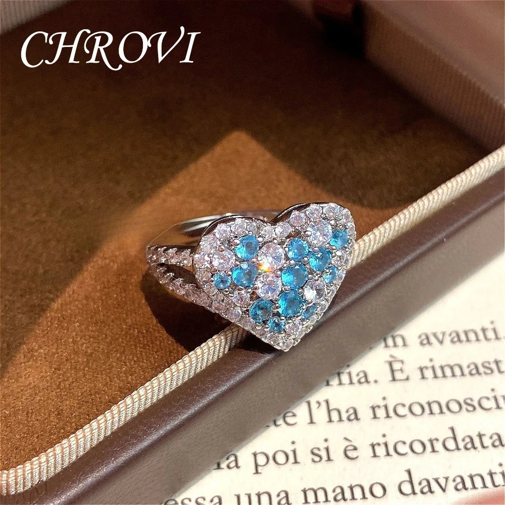 New 925 Sterling Silver Dazzling Full-Diamond Heart Ring, Trendy Luxury niche Sweet Heart-Shaped Ring for Women