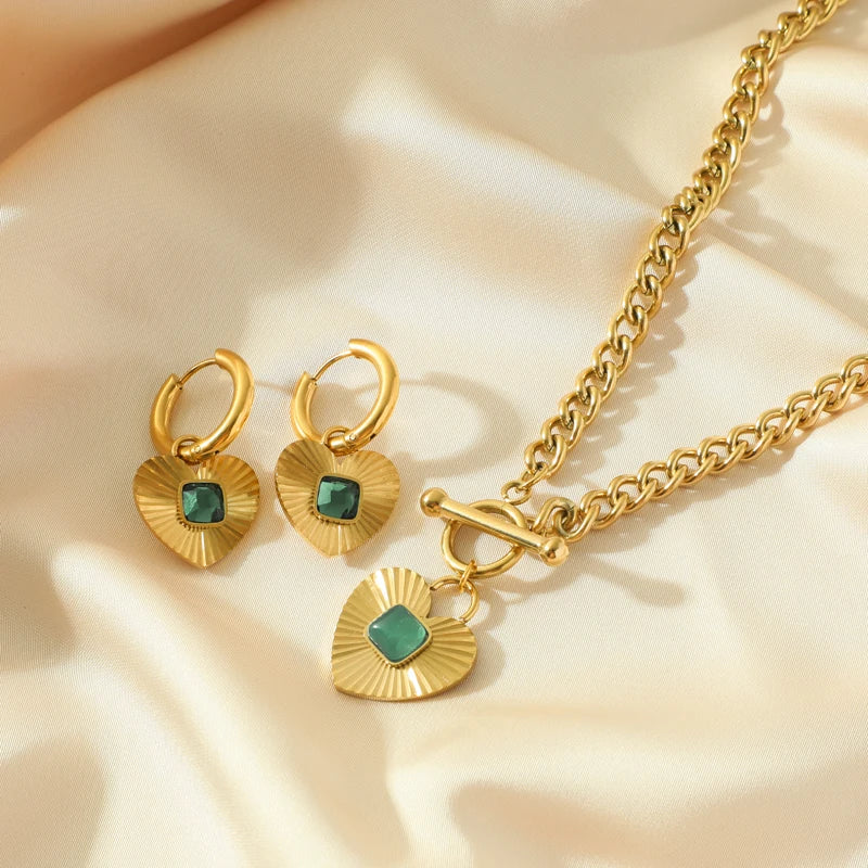 EILIECK 316L Stainless Steel Heart Love Green Crystal Pendant Necklace Earrings for Women Fashion Punk Jewelry Set Gift Party