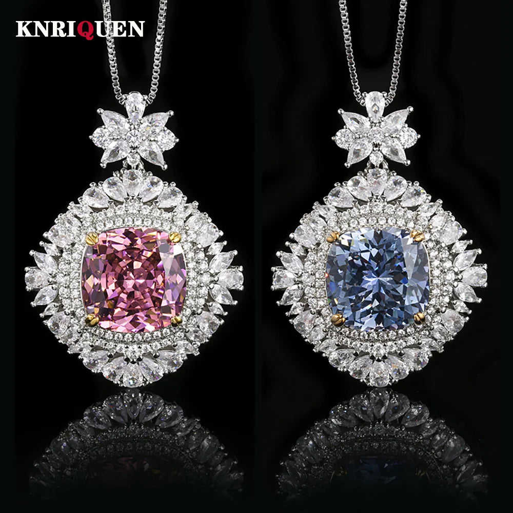 Trend Retro 16*16mm Sapphire Pink Quartz Big Pendant Necklace for Women Gemstone Cocktail Party Fine Jewelry Accessories Gift