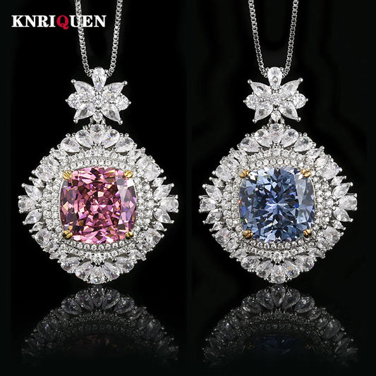 Trend Retro 16*16mm Sapphire Pink Quartz Big Pendant Necklace for Women Gemstone Cocktail Party Fine Jewelry Accessories Gift