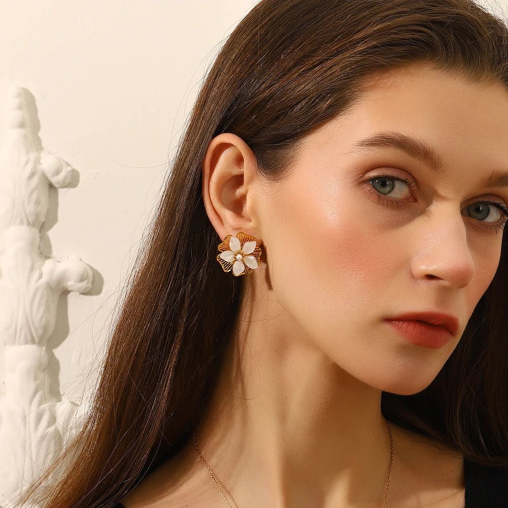E.B.belle Double Layer Shell Flower Stud Earring PVD Plated Stainless Steel Waterproof Hypoallergenic Women Jewelry Accessories