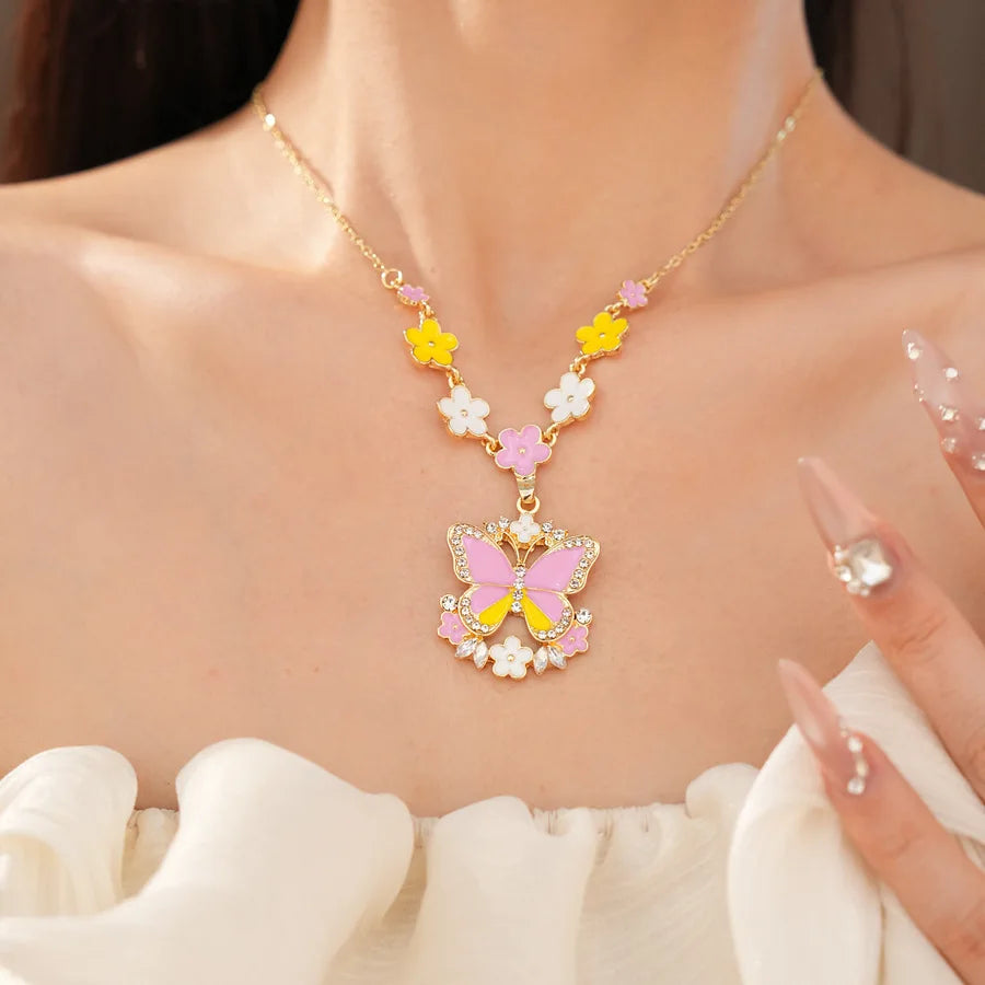 Pink Yellow Butterfly Flower Jewelry Set Sweet Enamel Necklace Drop Earrings Women's Fashion Party Banquet Accessories K