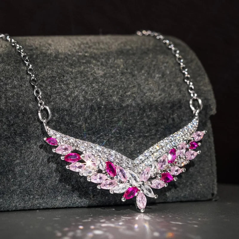 Huitan Wing Design Women Aesthetic Pendant Necklace for Wedding Engagement Gentle Accessories Trendy Party Jewelrywith Shiny CZ