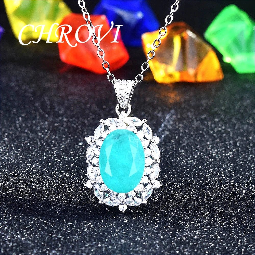 New 925 Pure Silver Paraiba Diamond Necklace - Pendant Gemstone Formal Jewelry Set Including Ring and Earrings