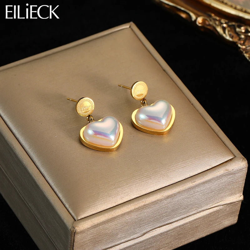 EILIECK 316L Stainless Steel Heart Pearl Love Drop Earrings For Women Girl New Non-fading Ear Jewelry Birthday Gift Party Bijoux