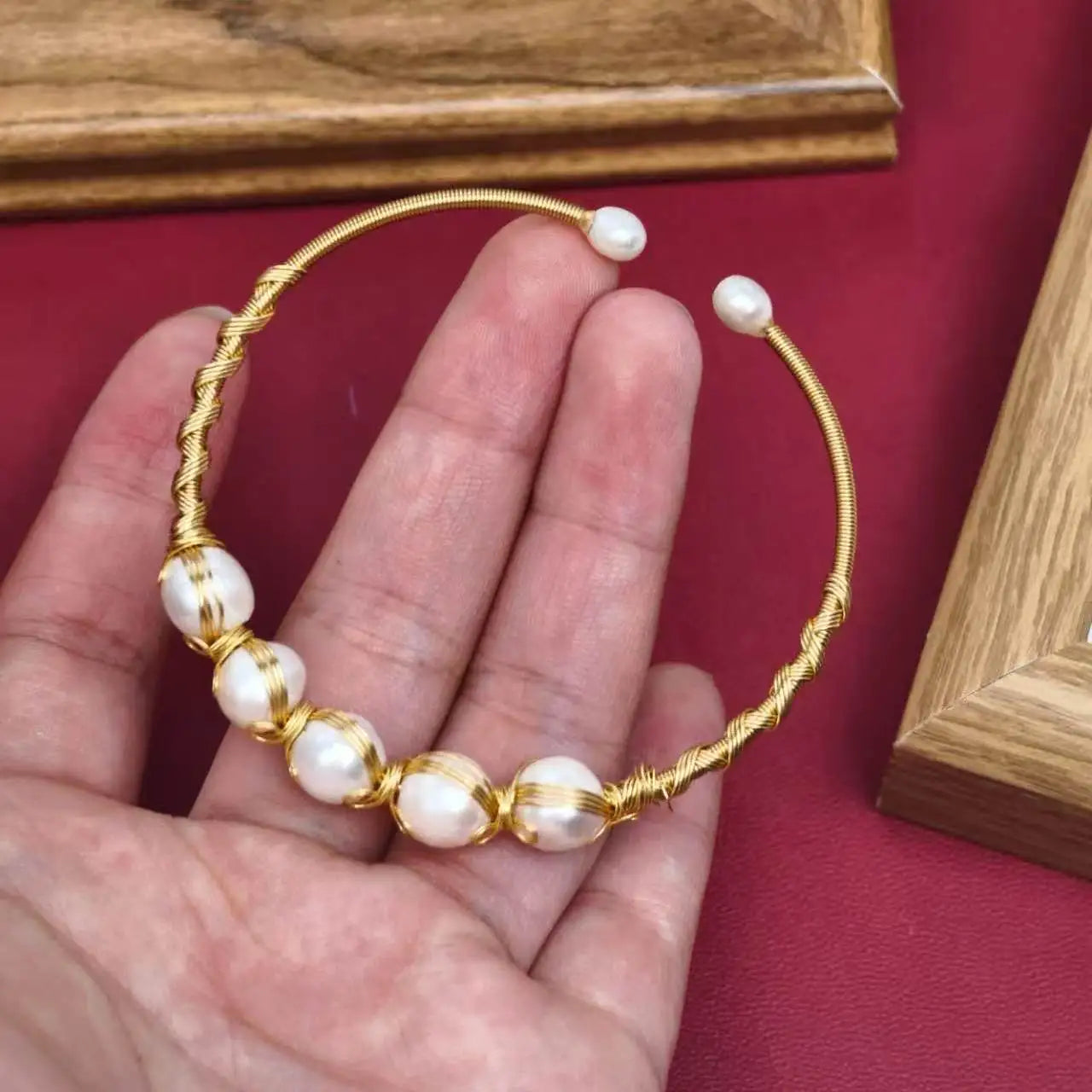 Handmade Open Bracelet with Natural Freshwater Pearls, Forest-Inspired Adjustable Wristband, Authentic Instagram Fairytale Style