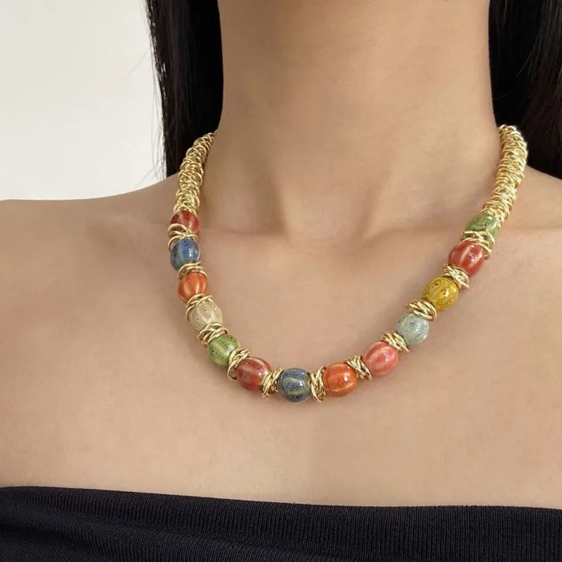 NISHIZAWA Colorful Necklaces for Women Palace Style Elegant Fashion Chokers Jewelry Beaded Hyperbole Retro Collares Para Mujer