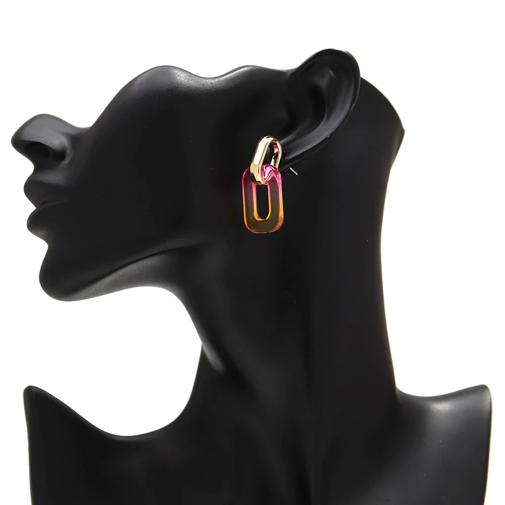 Fashion Acrylic Gradient Color Geometric Buckle Drop Earrings Transparent Iridescent Rectangle Earrings Women Wedding Jewelry