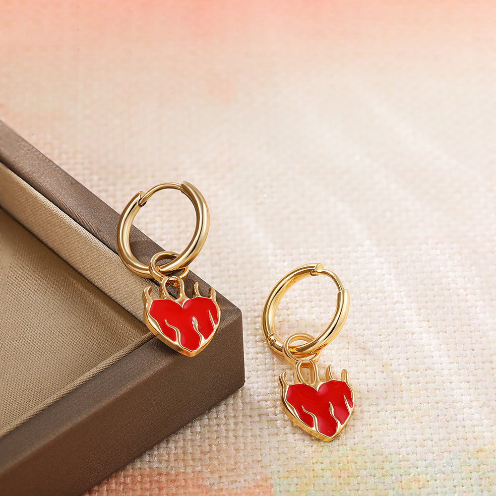Hot Red Heart Pendant Charm Hoop Earrings for Women Punk Stainless Steel Small Circle Huggie Hoops Fashion Jewelry Gift