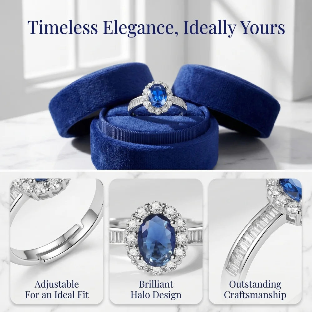 925 Sterling Silver Oval Zircon Halo Ring - Adjustable Fit, Classic Luxury Jewelry for Women, Elegant Wedding & Party Accessory