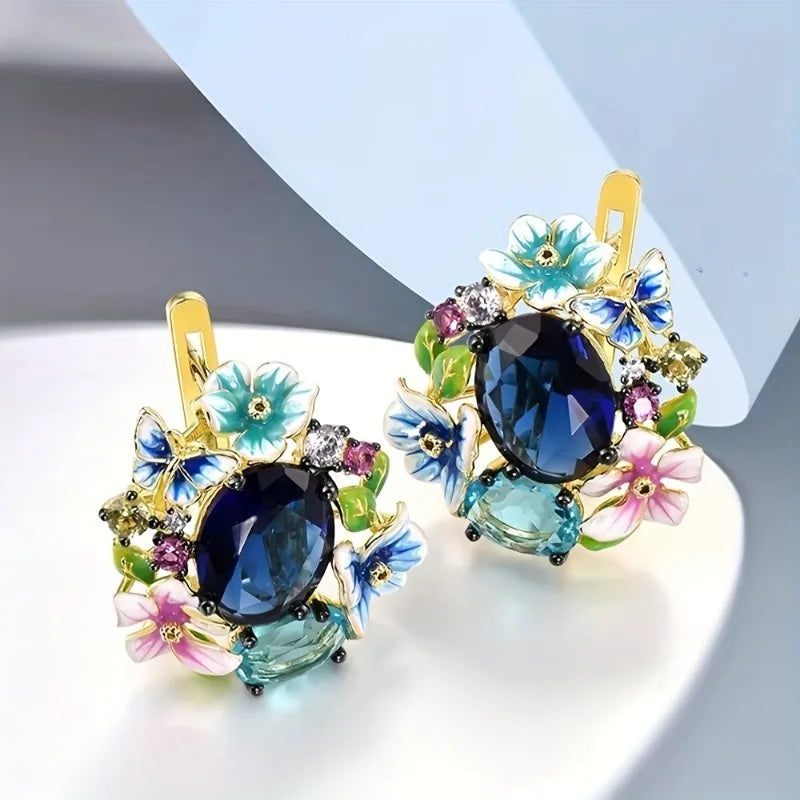 1pair Women Gold Color Hoop Earrings Aesthetic Colorful Enamel Flower Design Wedding Party Accessories Trendy Jewelry with CZ