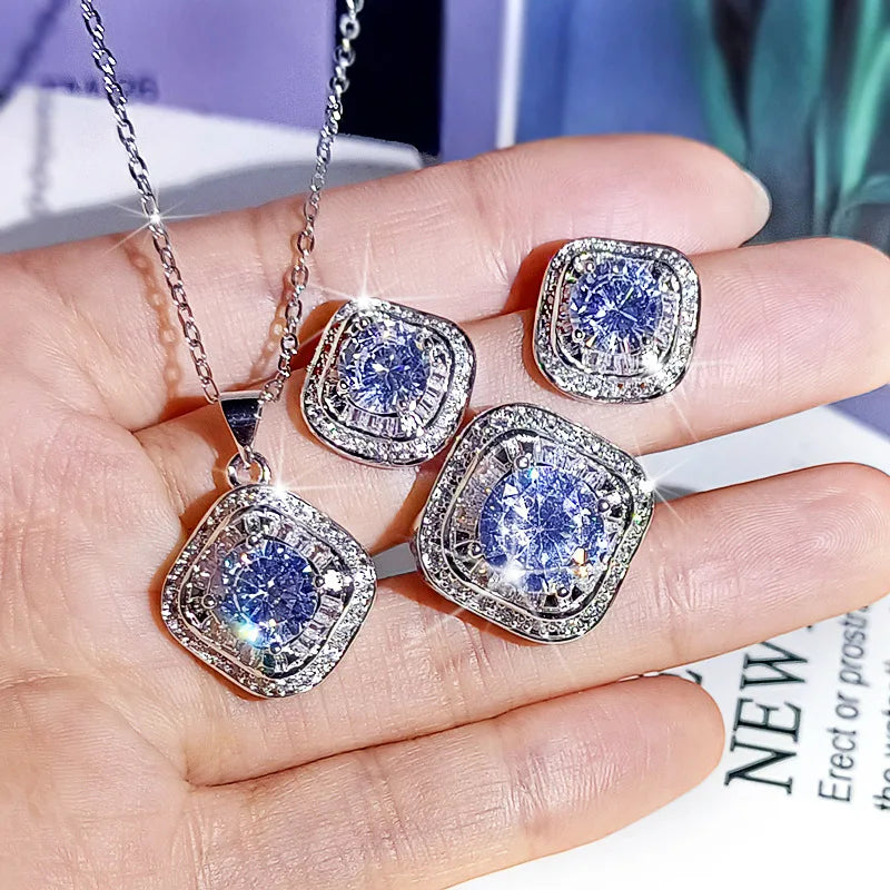 925 sterling silver square ZC ring full ZC micro inlaid earrings pendant clavicle necklace three-piece jewelry set party gift