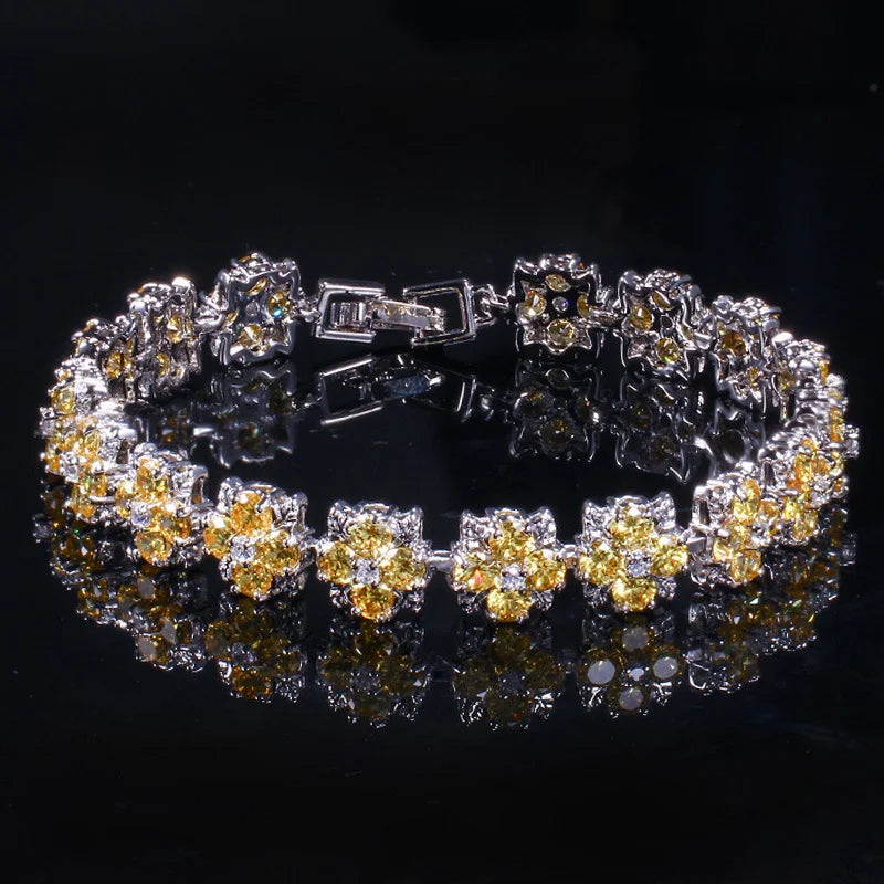 ThreeGraces Luxury Shiny Blue Zirconia Flower Tennis Bracelet for Women Fashion Bridal Wedding Evening Party Jewelry BR402