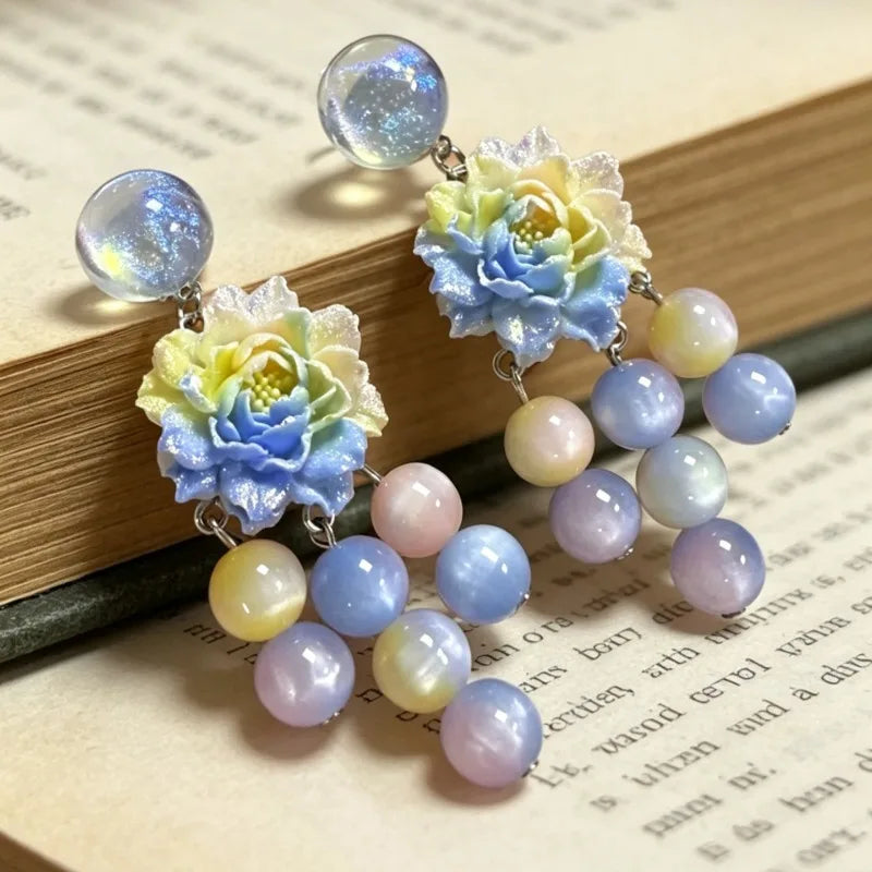 Gradient Floral Earrings for Women Tassels Beads Vintage Palace Style Jewelry Elegant Fashion Light Luxury Aretes De Mujer