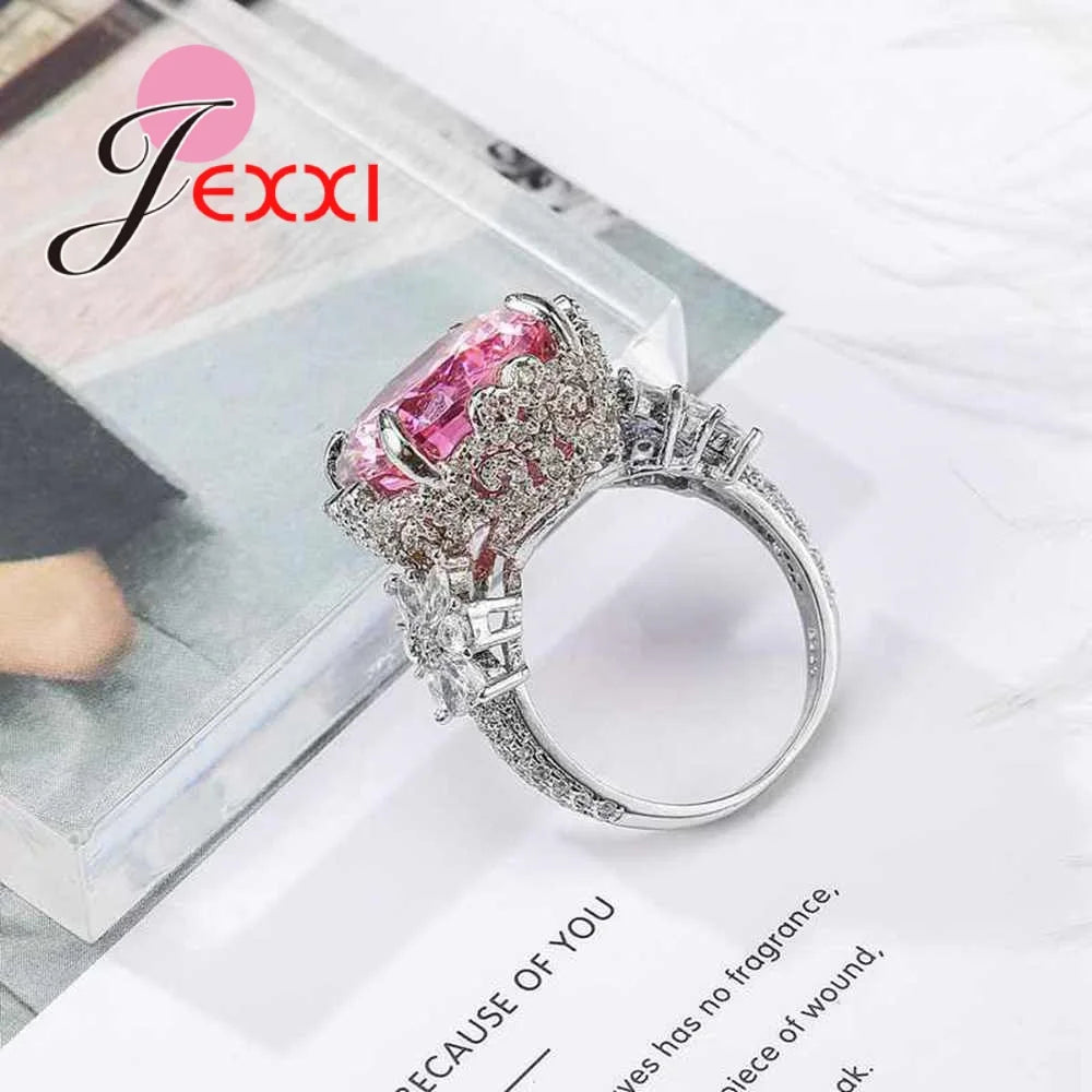Luxury Big Round Pink Cubic Zirconia Wedding Fine Rings 925 Sterling Silver Women Banquet Party Queen Jewelry Ring