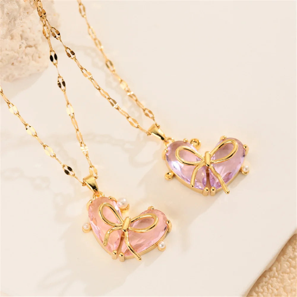 Cute Small Heart Love Bow Charm Female Pink Purple Zircon Fashion Pendant Necklace Gold Color Wedding Jewelry For Luxury Women