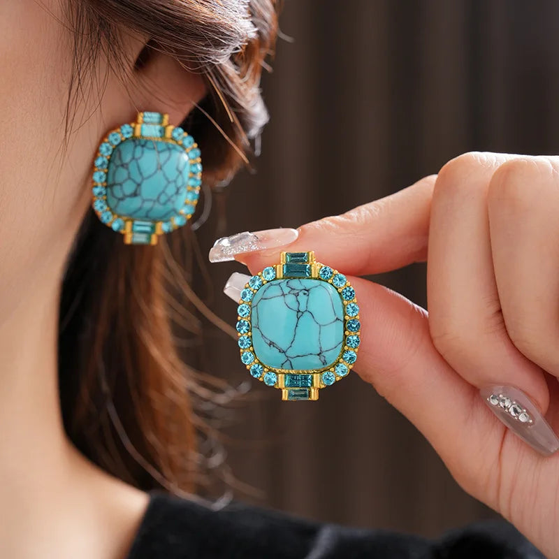 Exquisite Artificial Blue Turquoise Stone Stud Earings Retro Round Square Rhinestones Ear Stud for Lady High-end Jewelry Gift N1