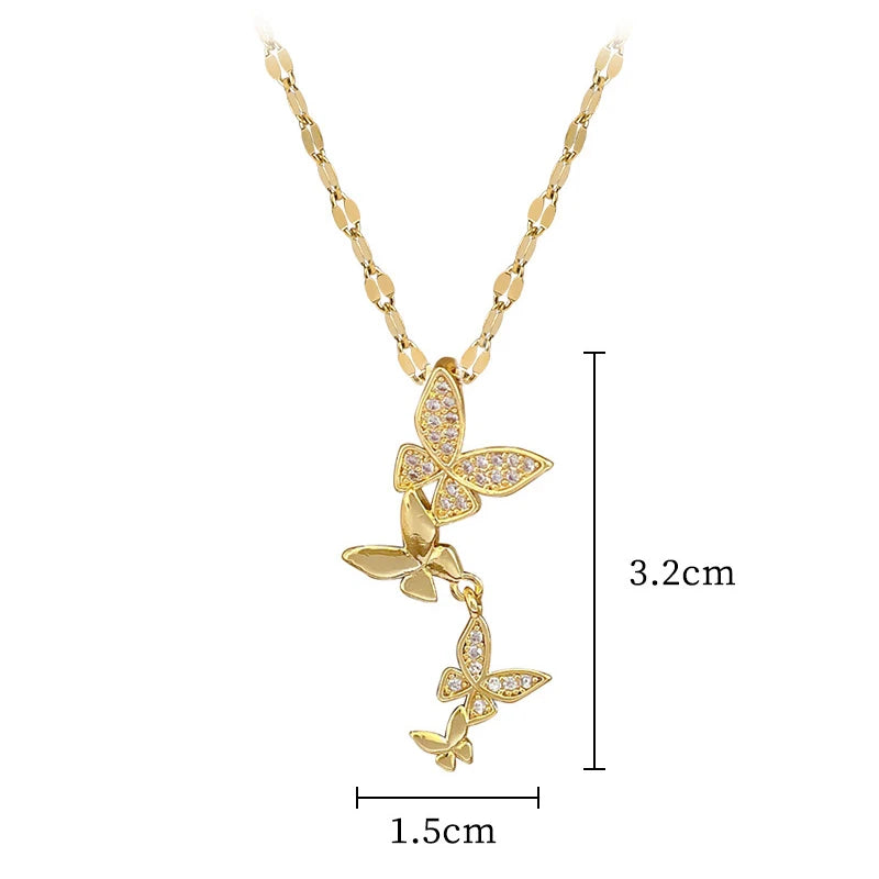 EILIECK 316L Stainless Steel Shine Cubic Zircon Butterfly Pendant Necklace for Girl Gold Color Waterproof Chic Jewelry Party
