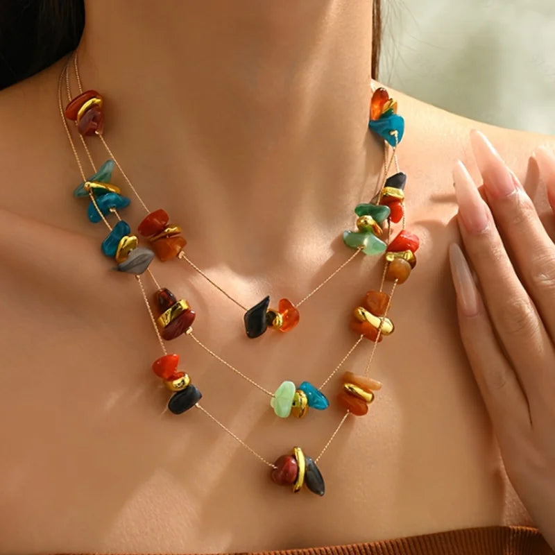 Bohemian Long Multilayer Heart Necklace for Women Colorful Candy Like Hearts with Golden Accents