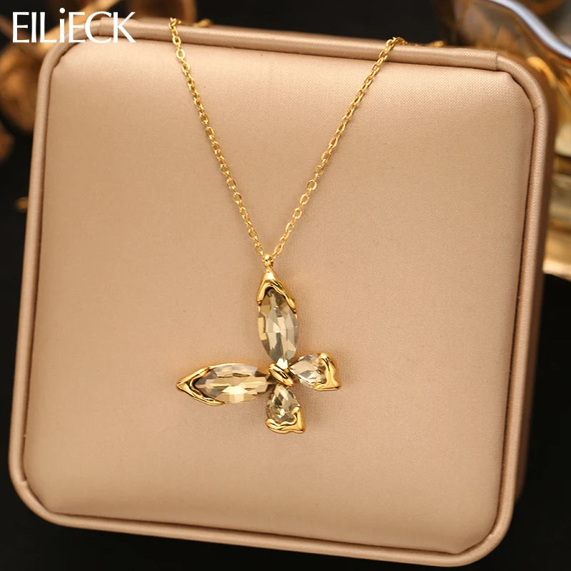 EILIECK Women's Butterfly Zircon Crystals Pendant Necklace Trendy Stainless Steel Waterproof Neck Chain Daily Jewelry Gift