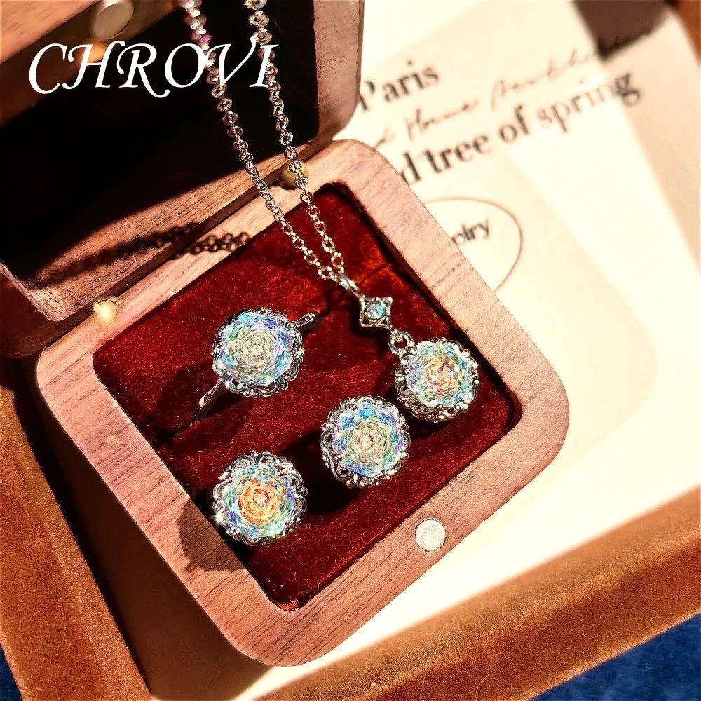 Light luxury 925 sterling silver round rose necklace with dazzling zircon stud earrings and gemstone ring set for women