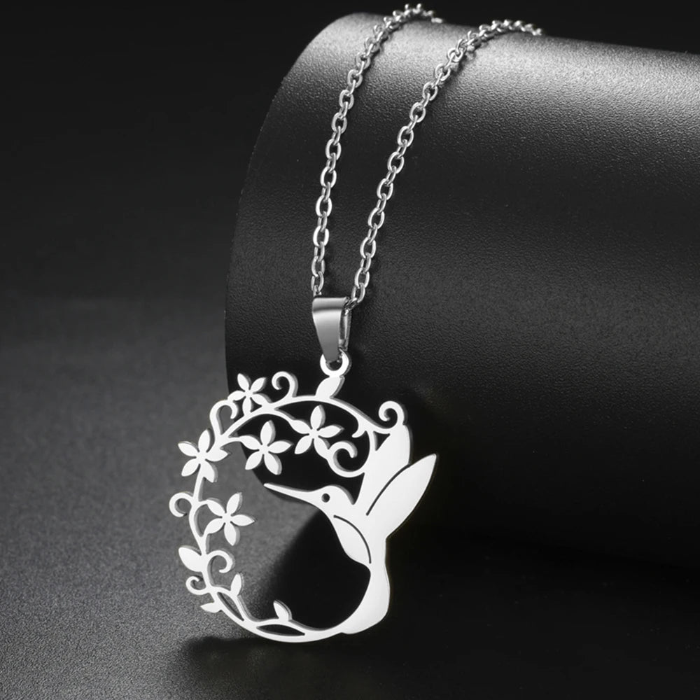 My Shape Hummingbird Flower Pendant Necklaces for Women  Bird Floral Stainless Steel Chain Choker Fashion Jewelry Gifts