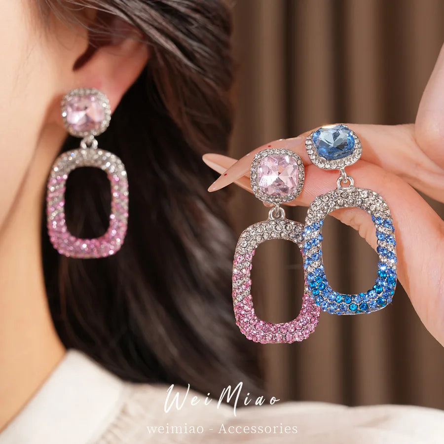 Rhinestone Hollow Square Dangle Earrings Personality Elegant Exquisite Light Luxury High Grade Fashion Ear Jewelry for Women