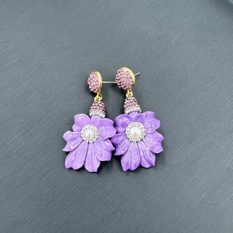 NISHIZAWA Baroque Pearls Earrings for Women Purple Flowers Vintage 3 Pieces Jewelry Sets Elegant Fashion Aretes De Mujer