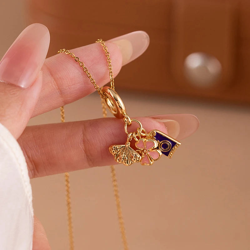 ANENJERY 316L Stainless Steel Flower Butterfly Shell Pendant Necklace For Women Delicate Elegant Fashion Jewelry Gifts Wholesale