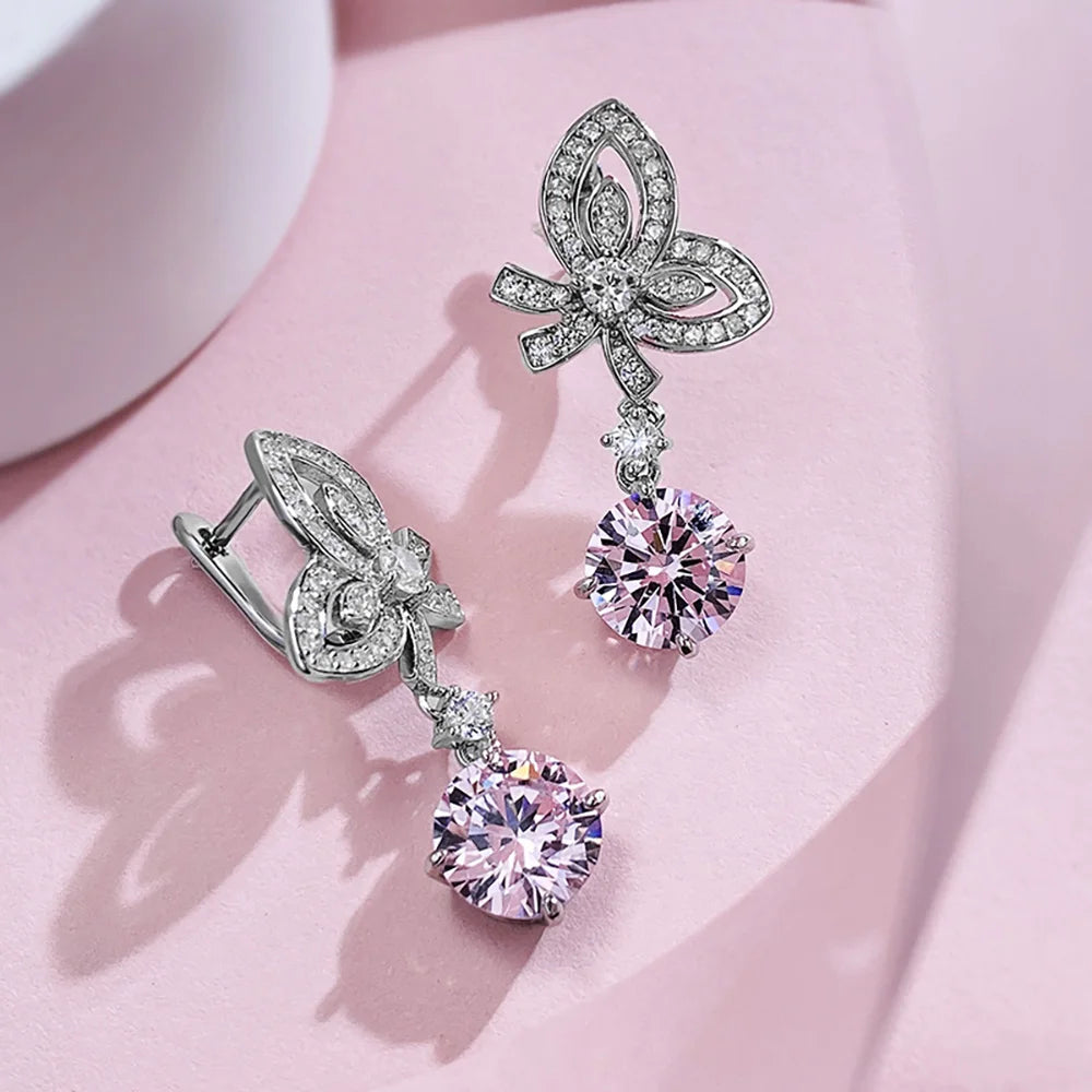 Charms 100% 925 Real Silver 8mm Pink Quartz Sapphire Bowknot Dangle Earrings for Women Lab Diamond Gemstone Wedding Fine Jewelry