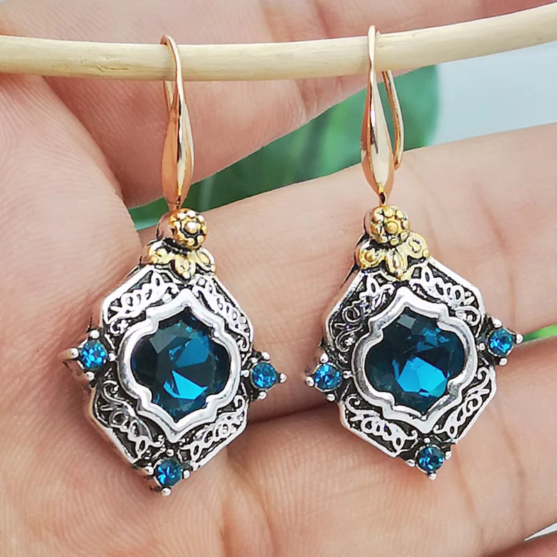 Vintage Square Blue Stone Boho Earrings for Women Ancient Ethnic Tone Engraving Flower Pattern Crystal Dangle Earrings Jewelry