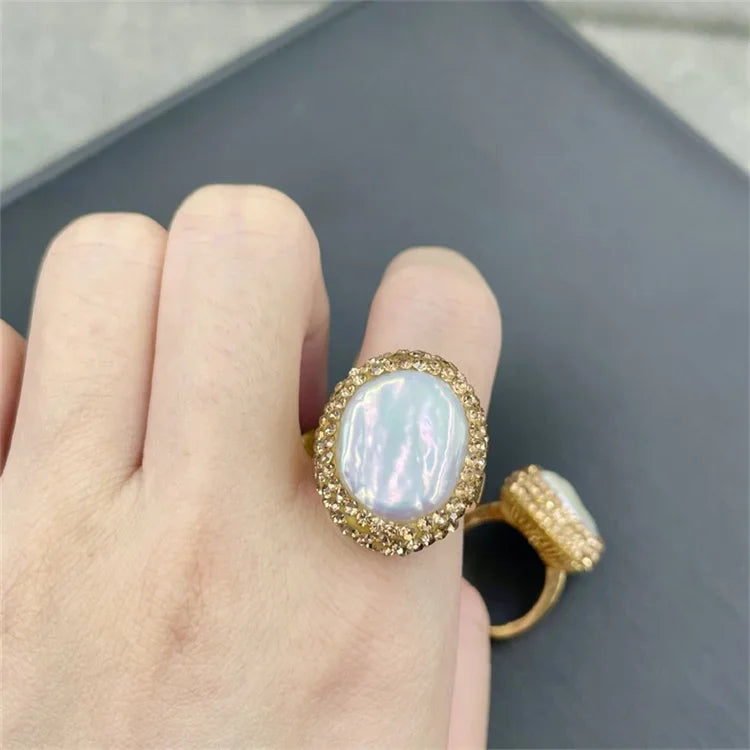 Baroque Coin Pearl Rhinestone Index Finger Ring Rhinestone Freshwater Pearl Open Cuff Rings for Women Party Ball Jewelry