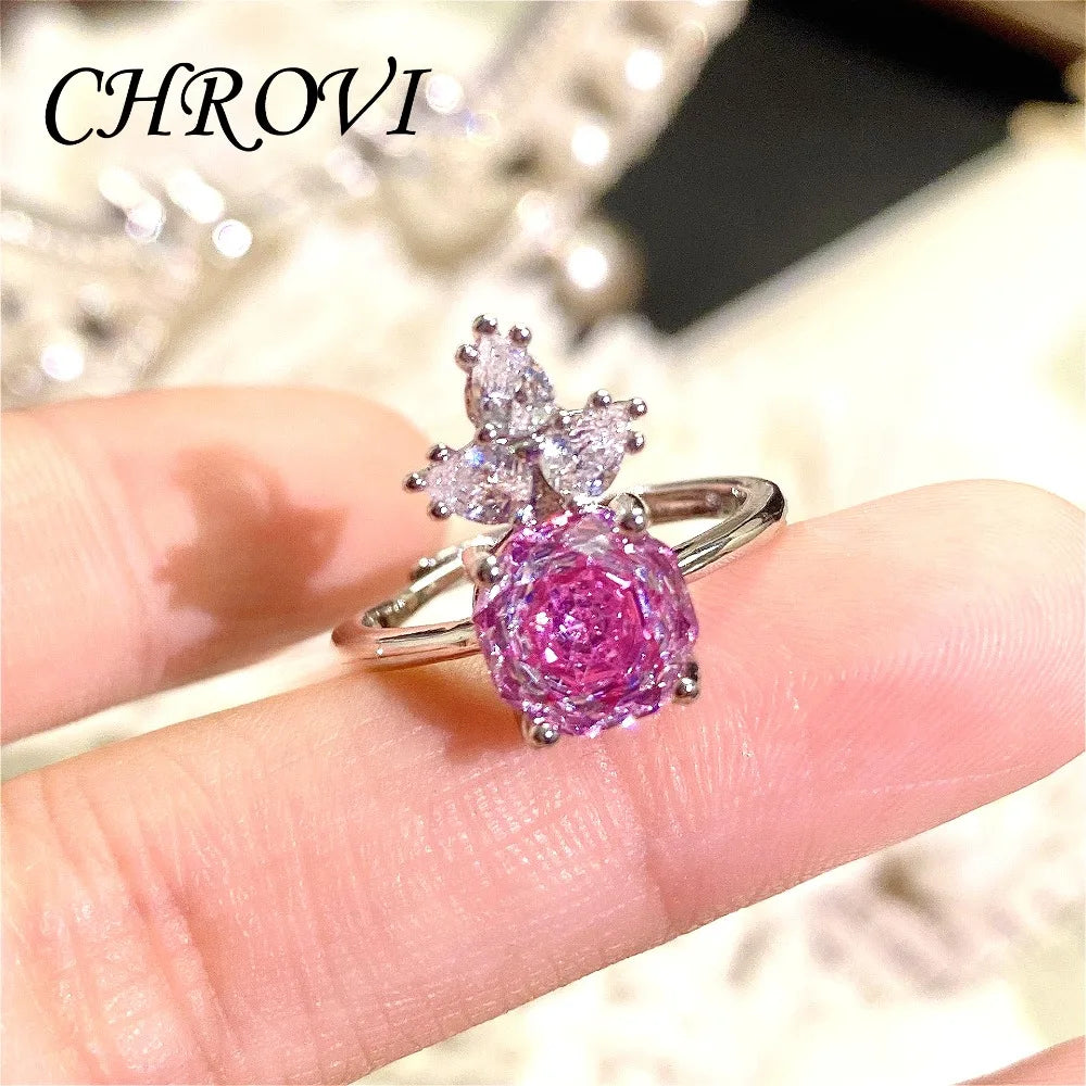 Luxury 925 Sterling Silver Millennium Rose Diamond Pendant Necklace, Diamond Ring and Stud Earring Set