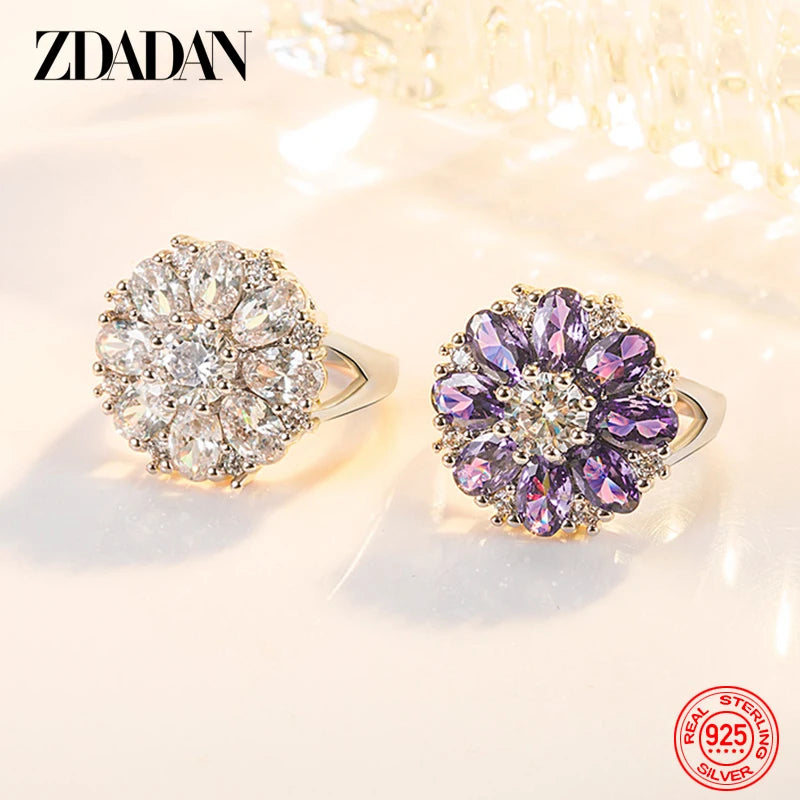 ZDADAN 925 Sterling Silver Flower Amethyst Finger Ring For Christmas Women Party Jewelry Gift