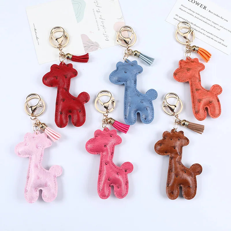 Fashion Cute PU Leather Giraffe keychain for Women Emboss Tassel Animal Key Chain Handbag Car Key Decoration Jewelry Gift