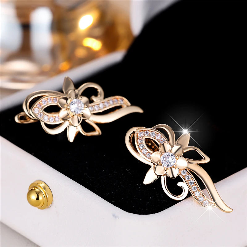 Cute White Zircon Stone Flower Hoop Earrings For Women Charm Female Gold Color Wedding Jewelry Gift