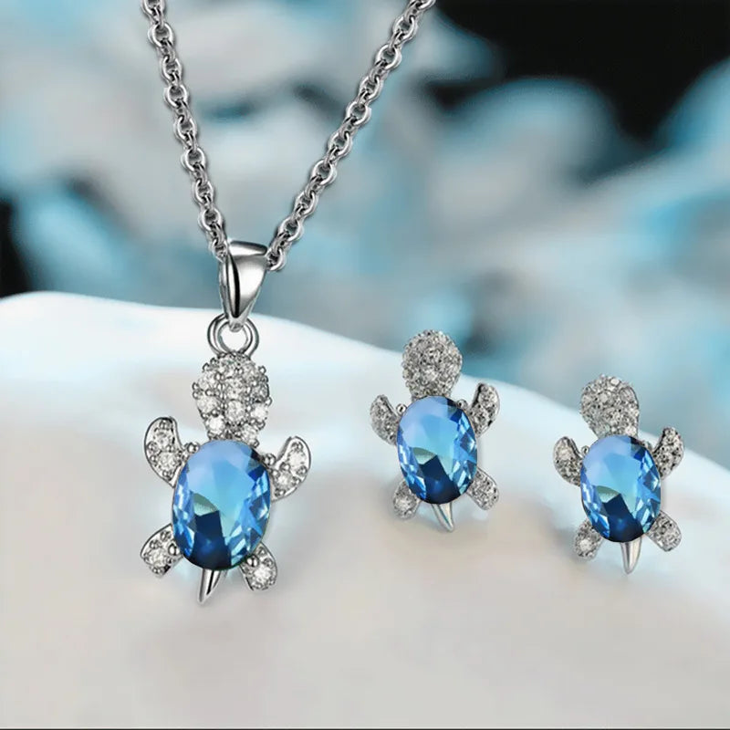 Multicolor Rhinestones Turtle Necklace Earrings sets for Women 14k Platinum Plated 3 Pcs Jewelry Set Female Party Wedding Gifts