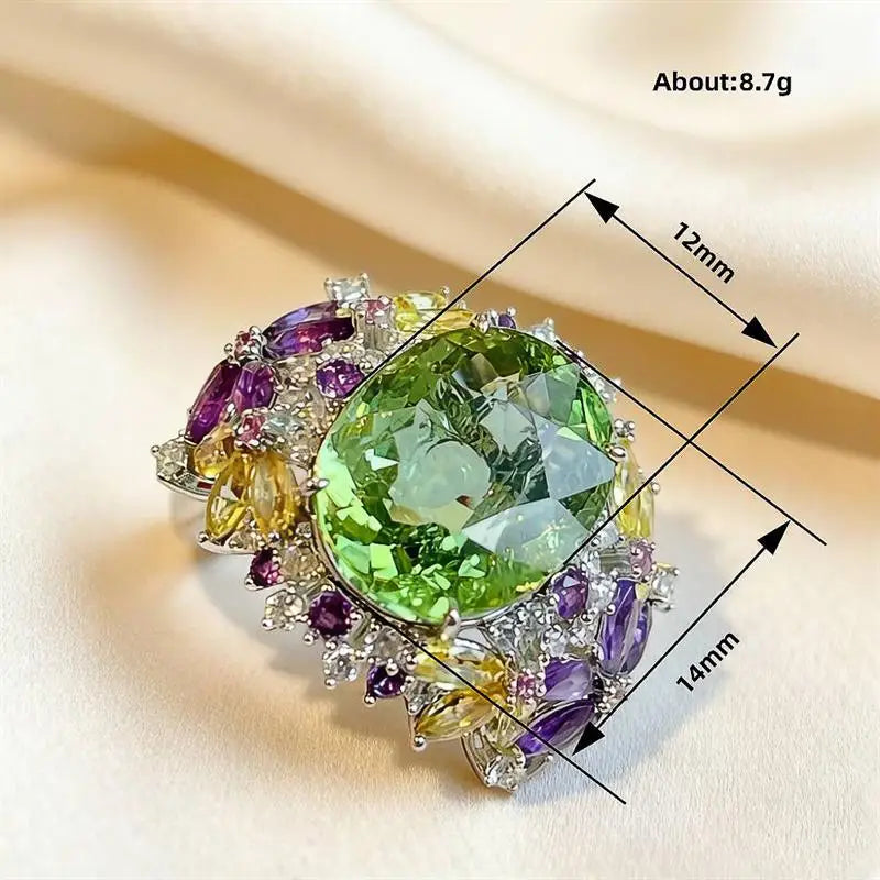 Huitan Colorful Women Ring Gorgeous Inlaid Bright Green Oval CZ Modern Party Wedding Luxury Accessories Noble Fashion Jewelry