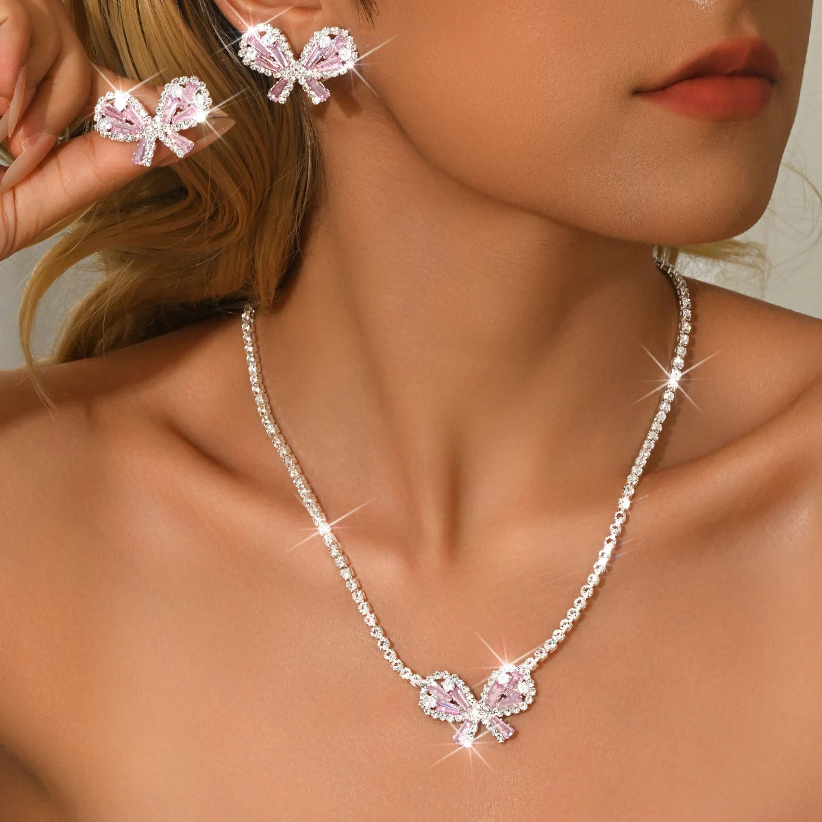 Sparkling bow, crystal necklace, earrings, jewelry set, ball bridesmaid, sweet girl style, summer graduation party accessories