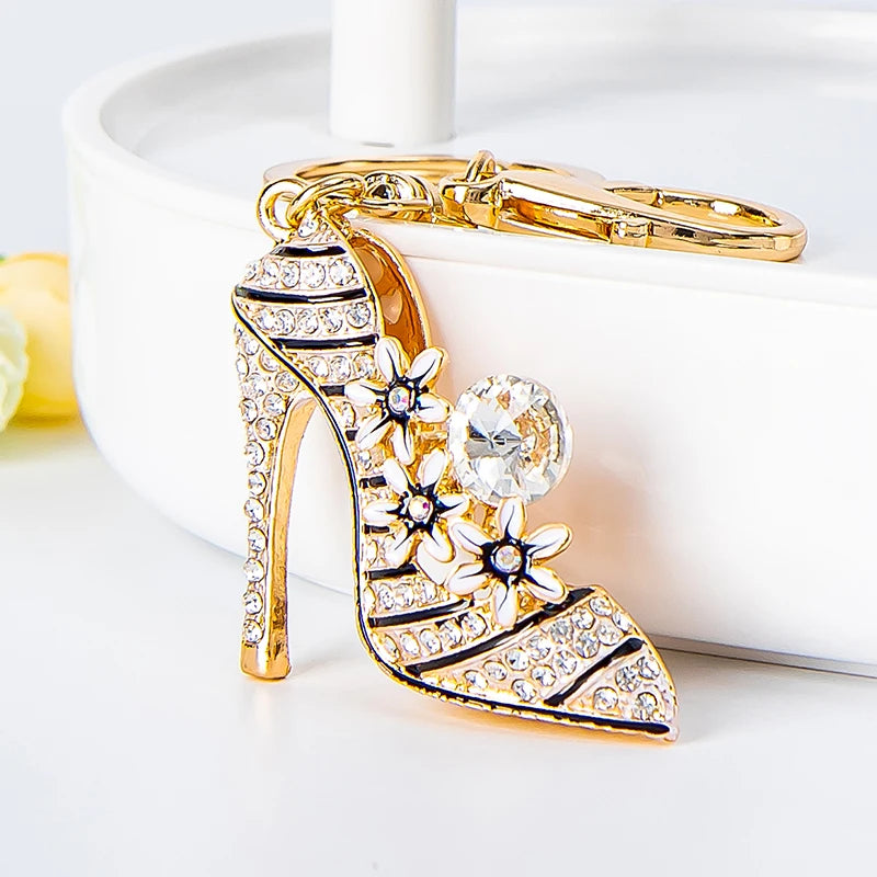 Elegant Flower High Heels Key Chain Women's Bag Pendant Alloy Rhinestone Car Key Ring Fashion Backpack Ornament