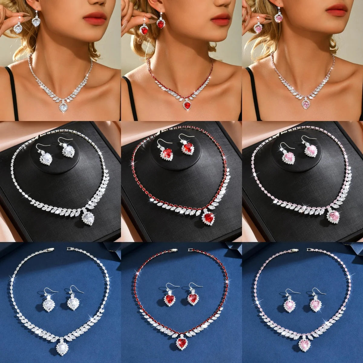 Cross Border Luxury Fashion Leaf Love Zircon Necklace Earring Set, Trendy and High-End Versatile Necklace Set with Accessories