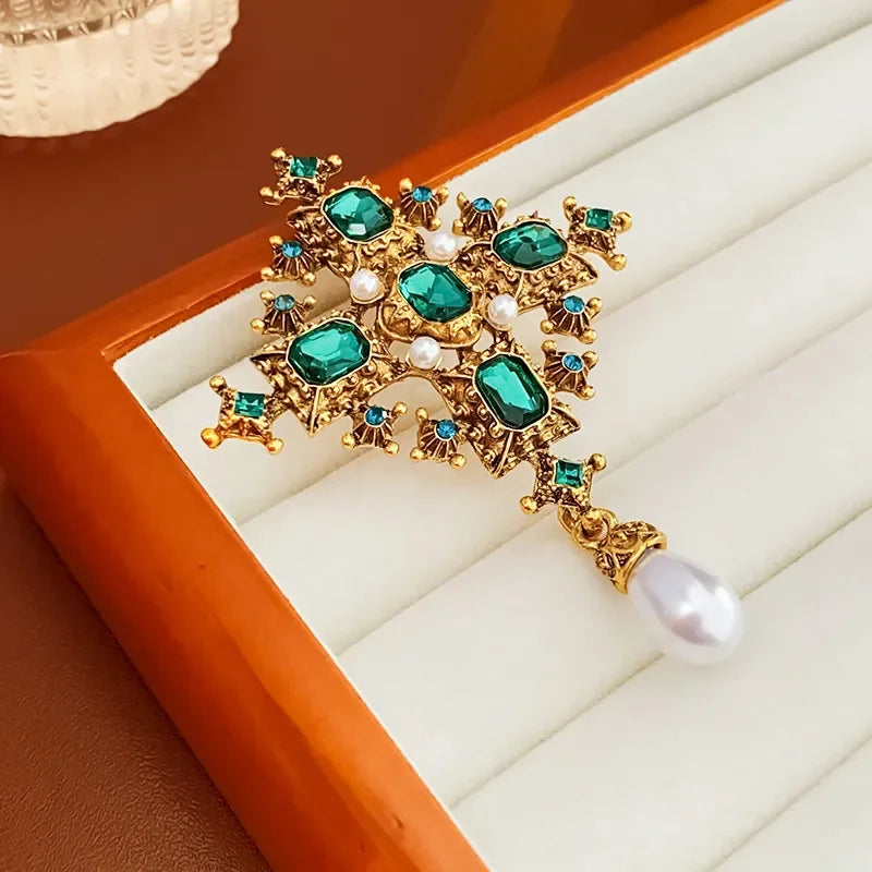Vintage Cross Brooch for Women Geometric Green Crystal Pearl Pendant Jewelry Accessories