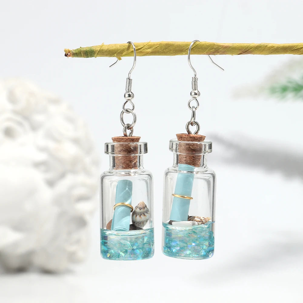 Creative Transparent Glass Drift Bottle Drop Earrings Cute Marine Animals Wish Bottle Dangle Earring Handmade Jewelry Gifts