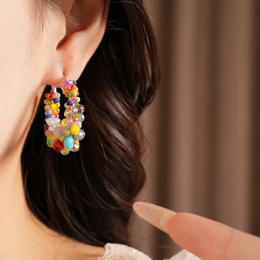 Colorful Glass Beaded Cluster Hoop Earrings for Women Shiny Wrapped Circle Huggie Earrings Vacation Festival Beach Jewelry N